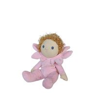 Plush toy fairy with pink outfit and curly hair on a white background