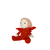 Plush toy with red outfit and pink hair on a white background