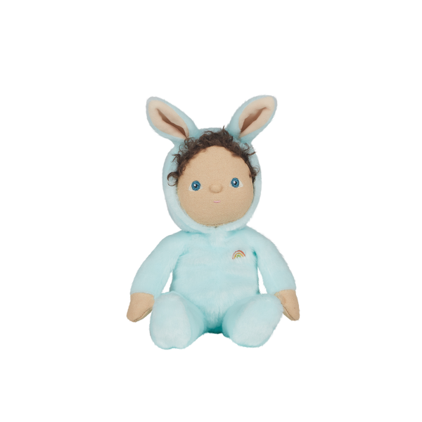 A soft, cuddly plush bunny toy with a baby blue-colored coat, perfect for small hands and imaginative play. Perfectly weighted and collectable easter-themed plush toy.