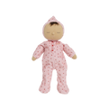 Dozy Dinkums Pip Strawberry soft doll in a pink strawberry print romper and hood, with embroidered closed eyes and a cuddly design for babies and toddlers