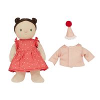 doll in a polka dot dress with hat and pink cardigan