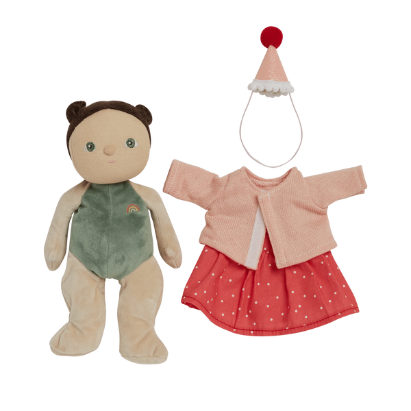 Stuffed toy with a green outfit and a separate pink sweater with a red hat on a white background