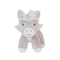 Lilac plush unicorn toy with a white mane, golden horn, soft wings, blue eyes, and a friendly smile from Dinkum Unicorns