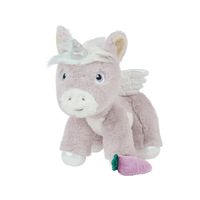 Lilac plush unicorn with a silver horn, soft wings, white muzzle, and purple carrot accessory from Dinkum Unicorns