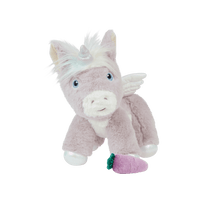 Dinkum Unicorn Glimmer plush toy in lilac with a white mane, golden horn, wings, blue eyes, and a purple carrot accessory from Dinkum Unicorns