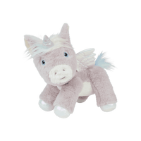 Lilac plush unicorn toy with a soft mane, pearly horn, white wings, shiny hooves, and fluffy tail from Dinkum Unicorns