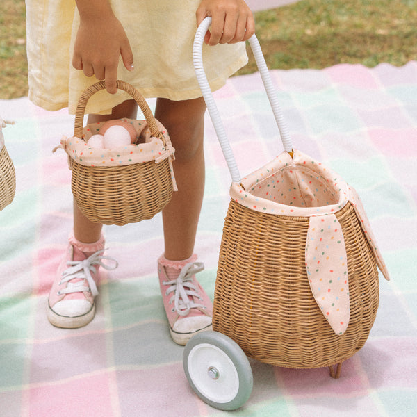 Rattan basket with printed  lining, perfect for kids to carry their favorourite toys as well. This woven rattan basket can also be used as a home décor storage solution for bedrooms or nurseries. 