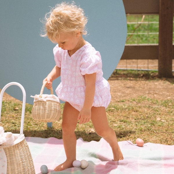 Easter-themed handwoven rattan basket with flower fabric lining. Designed for kids to carry their favourite toys and trinkets, forage on outdoor adventures or as a home décor storage solution.
