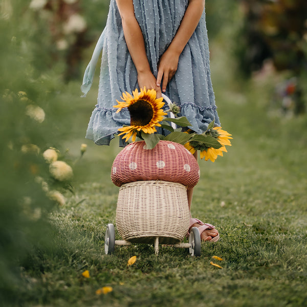 Olli Ella Rattan Mushroom Luggy - musk and white coloured with sunflowers
