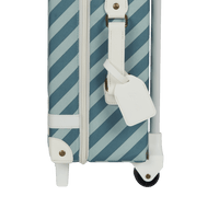 Charming blue striped kids travel suitcase by Olli Ella. Ideal for children's travel, with a spacious interior and playful colours. Constructed from recycled plastic bottles