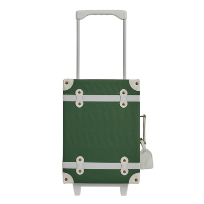 Green Forest rolling suitcase for kids with an extendable handle, white trim, and compact design by Olli Ella Kids for travel and sleepovers