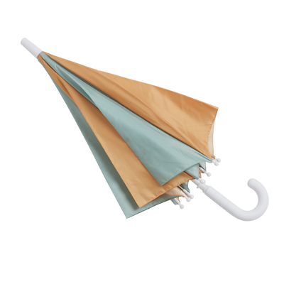 Folded childrens umbrella with blue and butter yellow panels, a white shaft, and a curved white hook handle designed for little hands