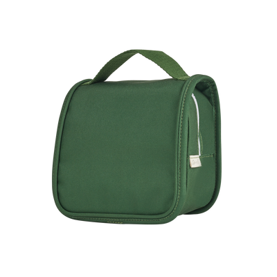 Green children's travel wash bag with a top handle and front zippered compartment from Olli Ella Kids