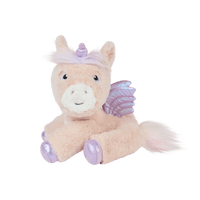 Pink plush unicorn toy with a lavender horn, wings, hooves, fluffy mane and tail, from Dinkum Pets, shown lying down with a friendly expression
