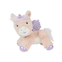 Pink plush unicorn with a lavender horn, flowing mane, shimmering wings, and soft white accents, from Dinkum Pets