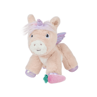 Pink plush unicorn with a purple horn striped wings and colorful hooves from Dinkum Pets soft cuddly toy for magical imaginative play