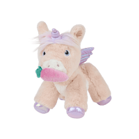 Plush unicorn toy with peach fur, pink mane and muzzle, iridescent horn and wings, and lavender hooves from Dinkum Pets.