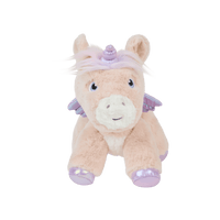 Dinkum Pets plush unicorn in pale pink with a purple horn, wings, soft mane, and lavender hooves, sitting and facing forward