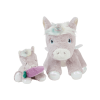 Dinkum Pets plush unicorn toys with a small purple carrot accessory, featuring a larger unicorn beside a smaller seated unicorn for imaginative play.