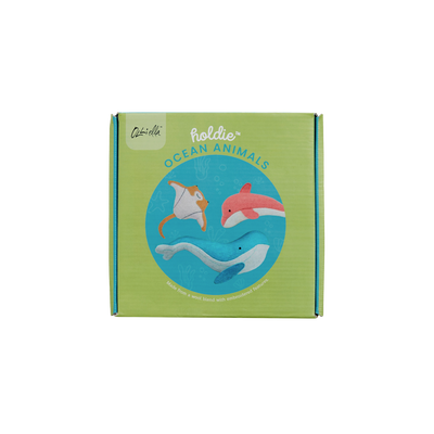 Green Holdie Ocean Animals toy box featuring illustrated whale, dolphin, and stingray swimming in blue water with colorful underwater details