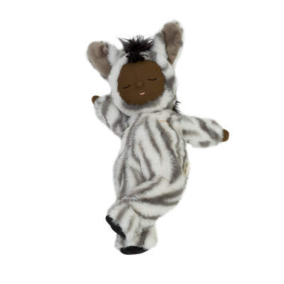 Cozy Dinkums Zebra Mini plush toy in a soft gray and white striped suit, with closed eyes, rounded ears, and outstretched arms for cuddly play.