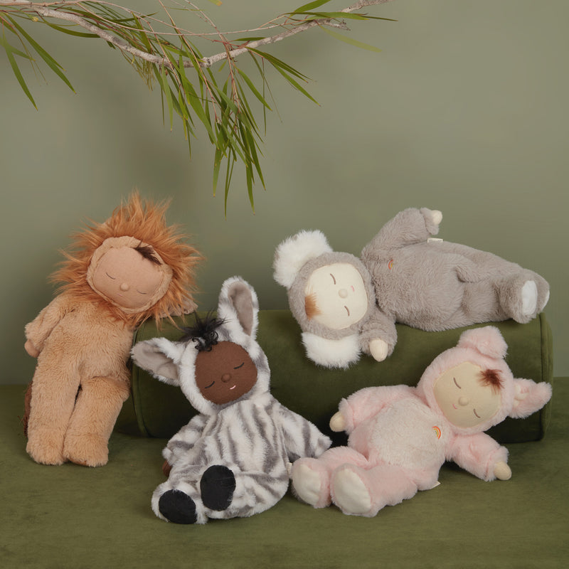 Cozy Dinkums Zebra Mini plush doll with soft stripes pictured among cuddly animal friends in a cozy nursery setting by Cozy Dinkums