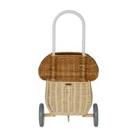 Whimsical natural mushroom basket on wheels. This 100% Handwoven Rattan wheeled basket is ideal for storing and toting around prized possessions! 