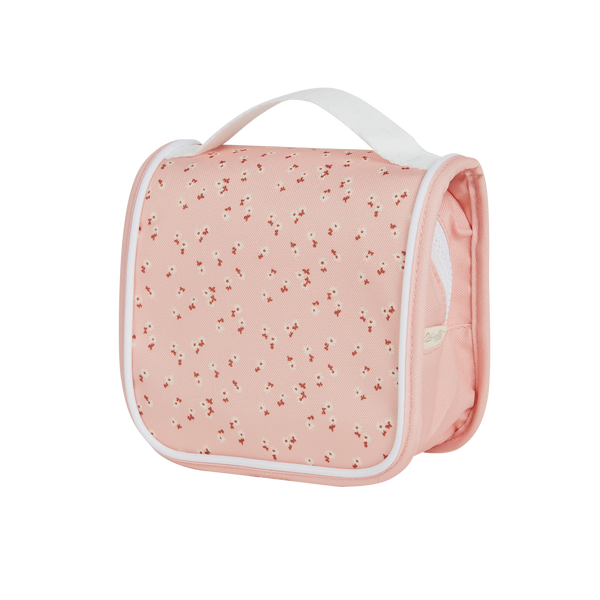 Pink daisy printed kids travel toiletry bag. Functional wash bag for kids sleepovers, school camps, daycare and holidays.