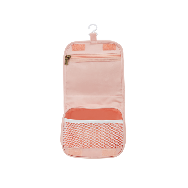 Pink daisy printed kids travel toiletry bag. Functional wash bag for kids sleepovers, school camps, daycare and holidays.